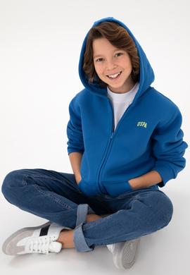 Erkek Çocuk Fermuarlı Kobalt Şardonlu Kapüşonlu Sweatshirt - 50295127017