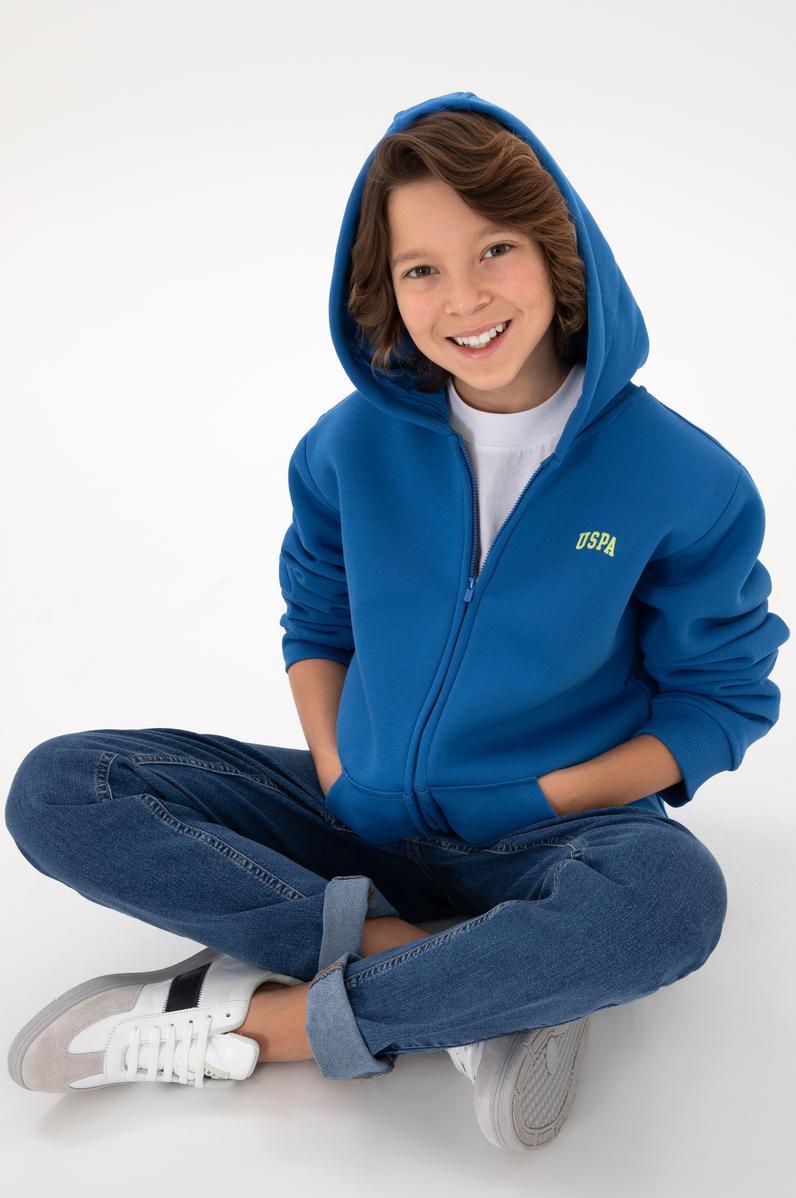 Erkek Çocuk Fermuarlı Kobalt Şardonlu Kapüşonlu Sweatshirt