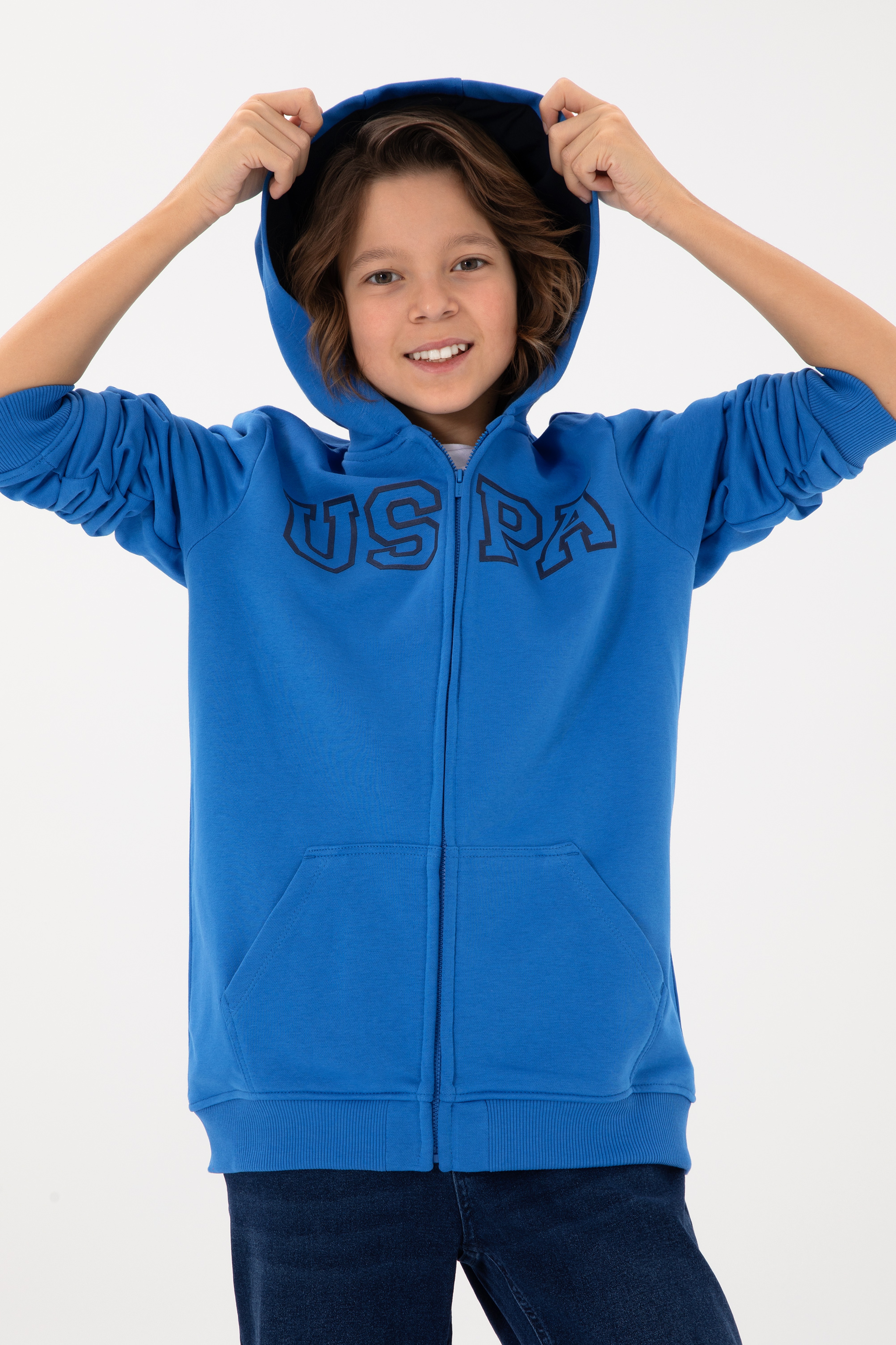 Erkek Çocuk Fermuarlı Kapüşonlu Basic Kobalt Sweatshirt - Image 1