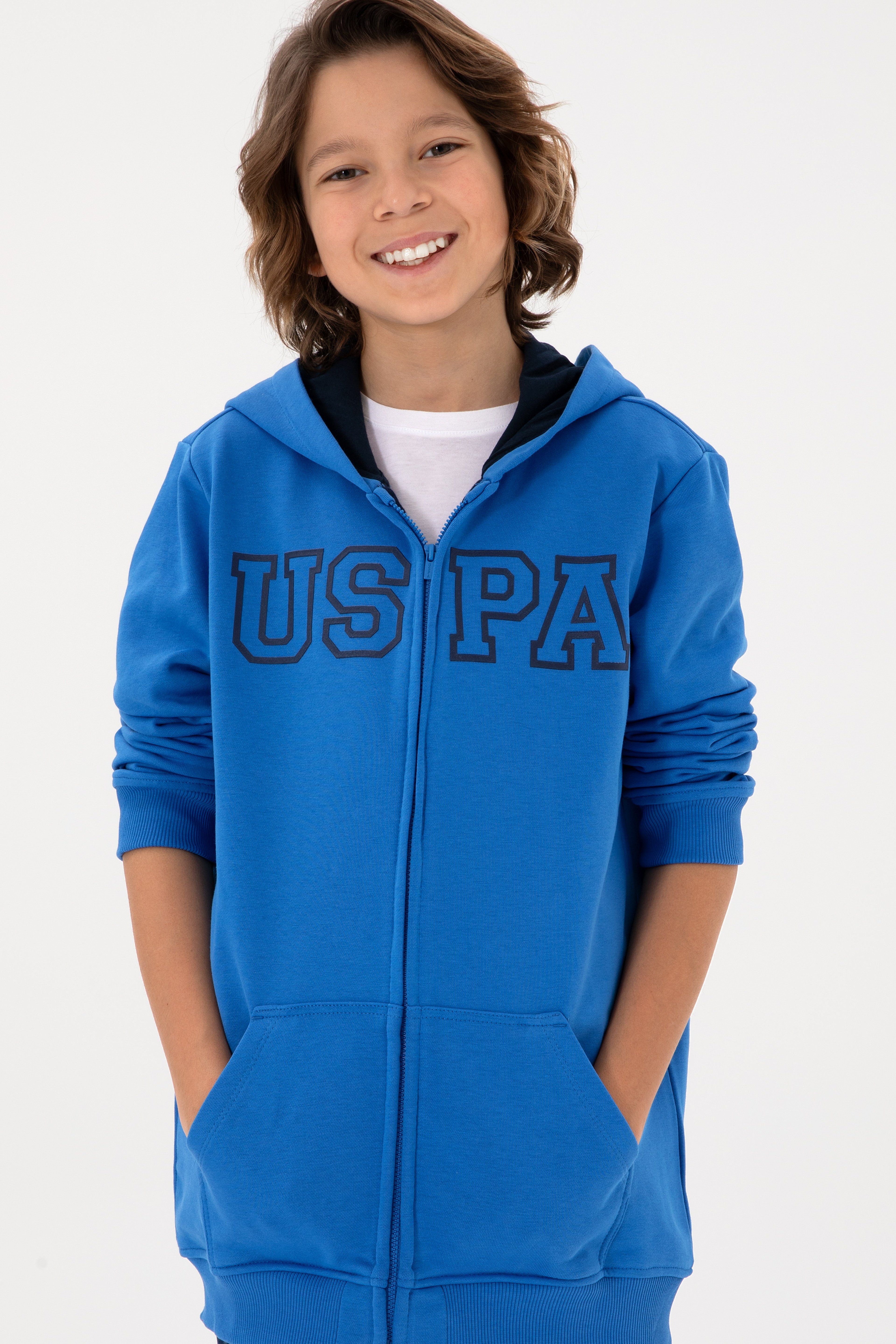 Erkek Çocuk Fermuarlı Kapüşonlu Basic Kobalt Sweatshirt - Image 2
