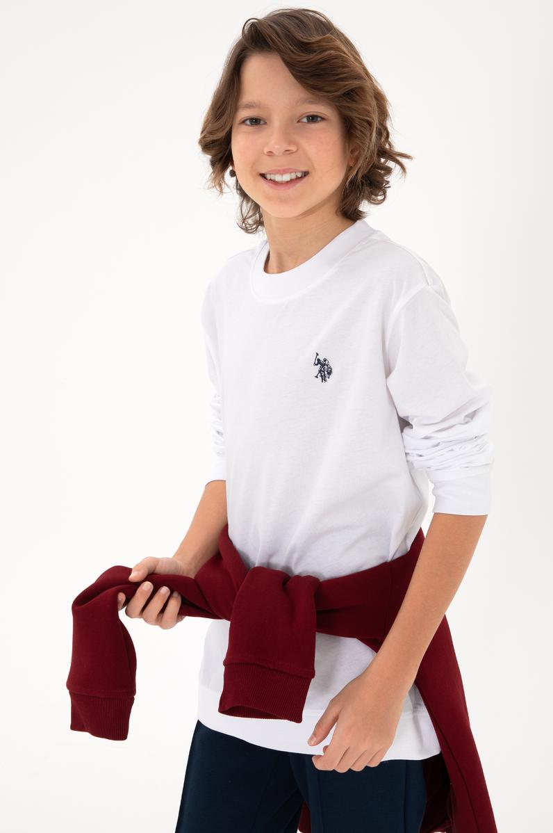 Erkek Çocuk Beyaz Basic Bisiklet Yaka Sweatshirt