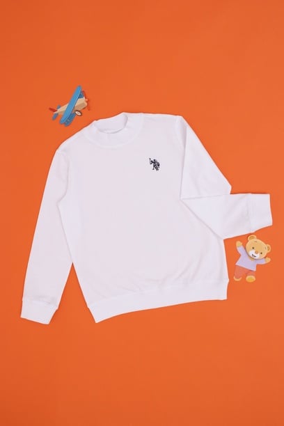 Erkek Çocuk Beyaz Basic Bisiklet Yaka Sweatshirt