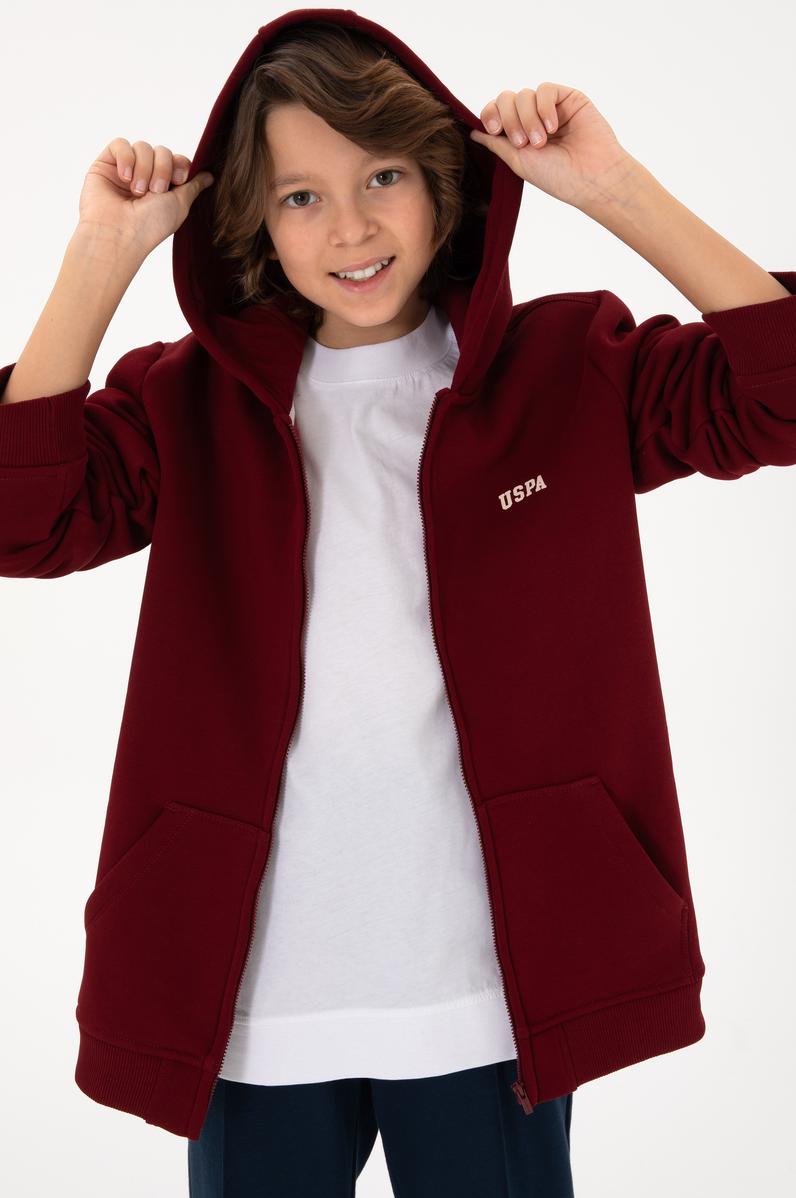 Erkek Çocuk Fermuarlı Bordo Şardonlu Kapüşonlu Sweatshirt