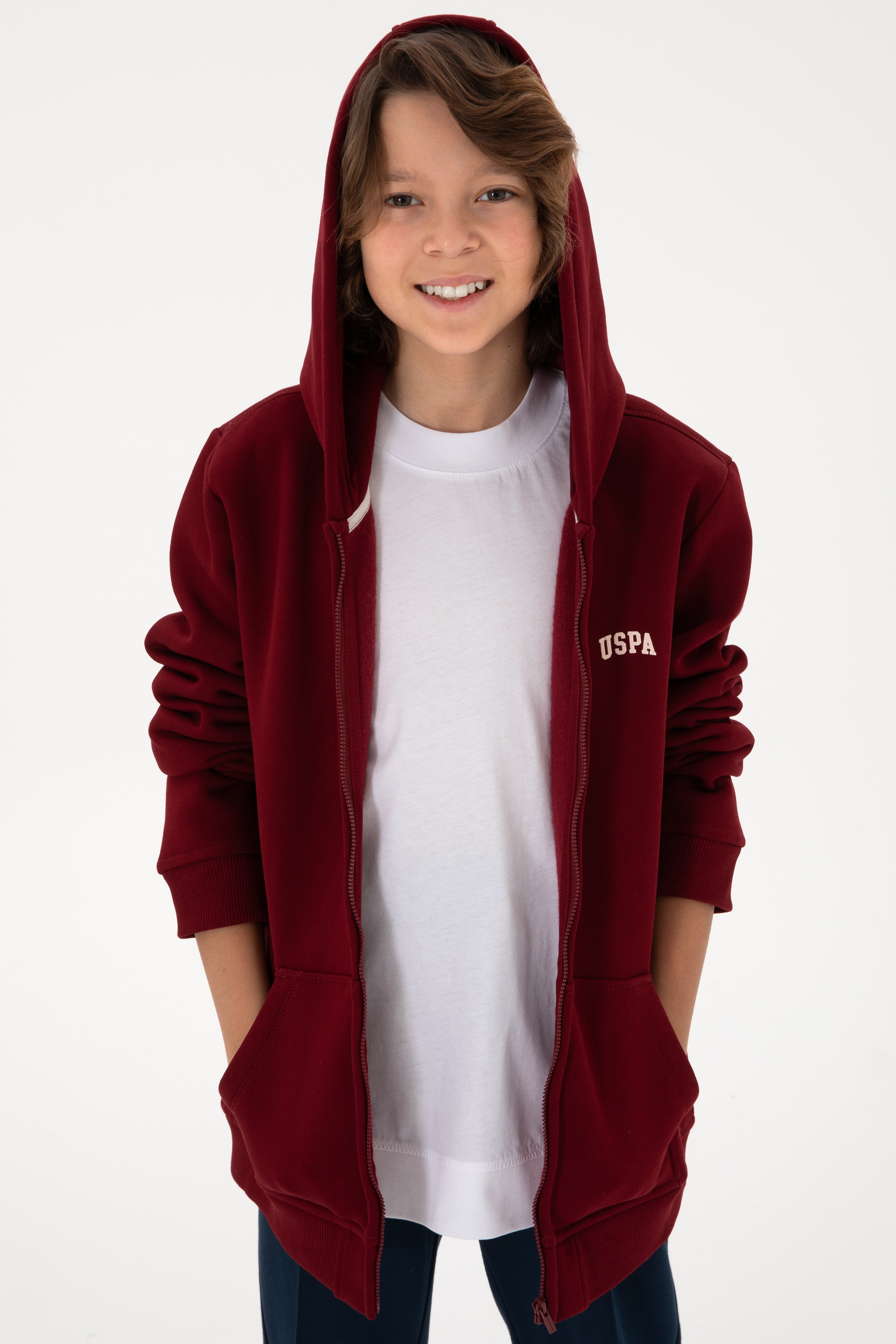 Erkek Çocuk Fermuarlı Bordo Şardonlu Kapüşonlu Sweatshirt - Image 1