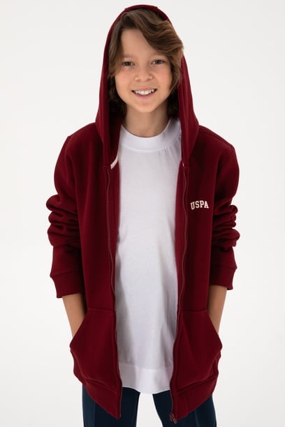 Erkek Çocuk Fermuarlı Bordo Şardonlu Kapüşonlu Sweatshirt