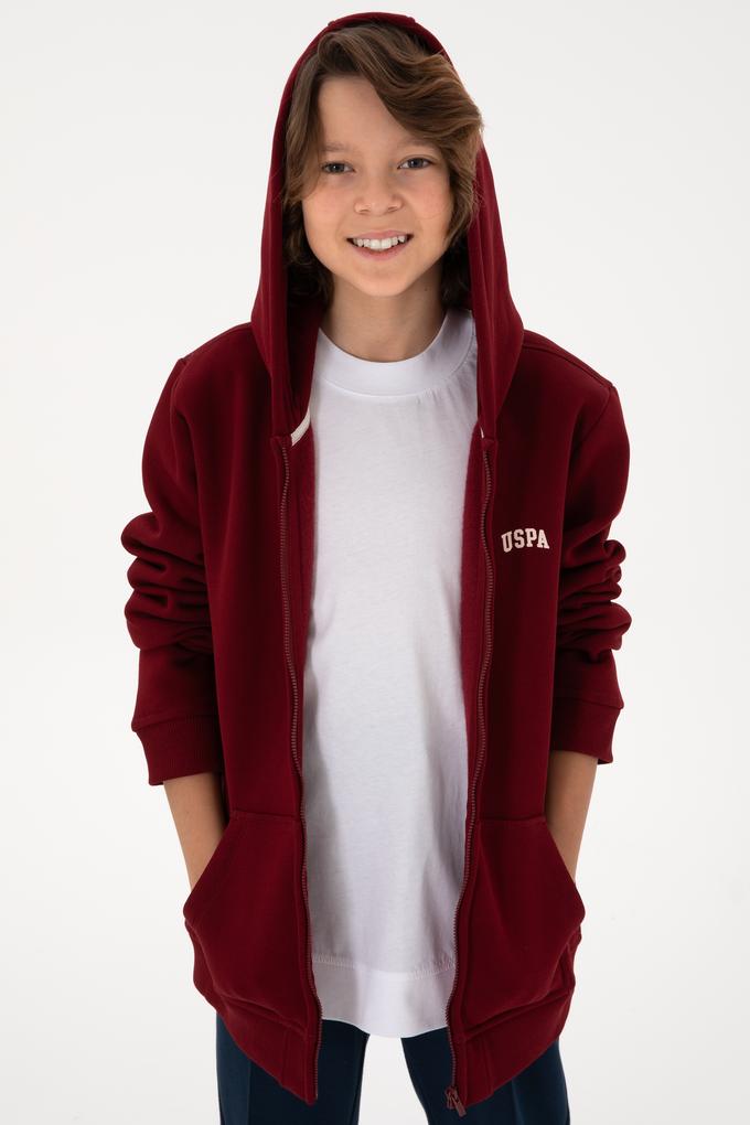 Erkek Çocuk Fermuarlı Bordo Şardonlu Kapüşonlu Sweatshirt