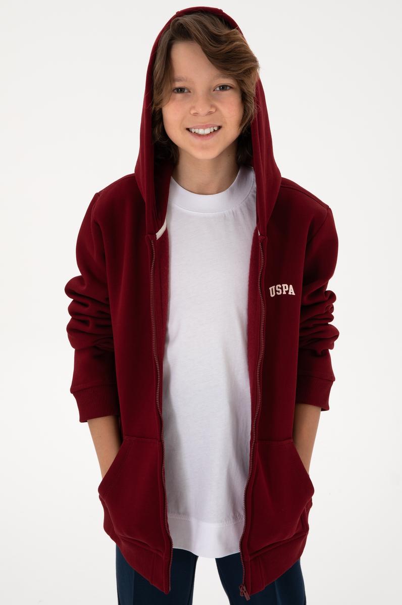Erkek Çocuk Fermuarlı Bordo Şardonlu Kapüşonlu Sweatshirt