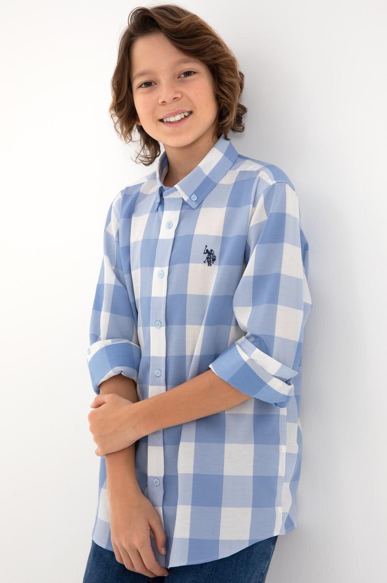 Erkek Çocuk Açık Mavi Ekose Uzun Kollu Gömlek