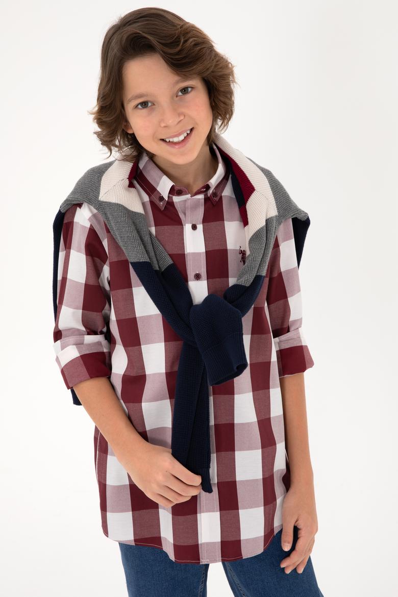 Erkek Çocuk Bordo Ekose Uzun Kollu Gömlek