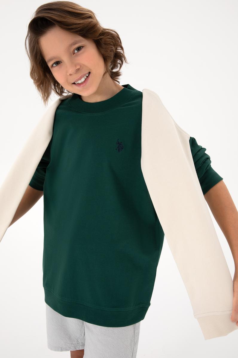 Erkek Çocuk Koyu Yeşil Basic Bisiklet Yaka Sweatshirt