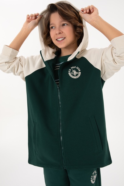 Erkek Çocuk Fermuarlı Kapüşonlu Koyu Yeşil Sweatshirt