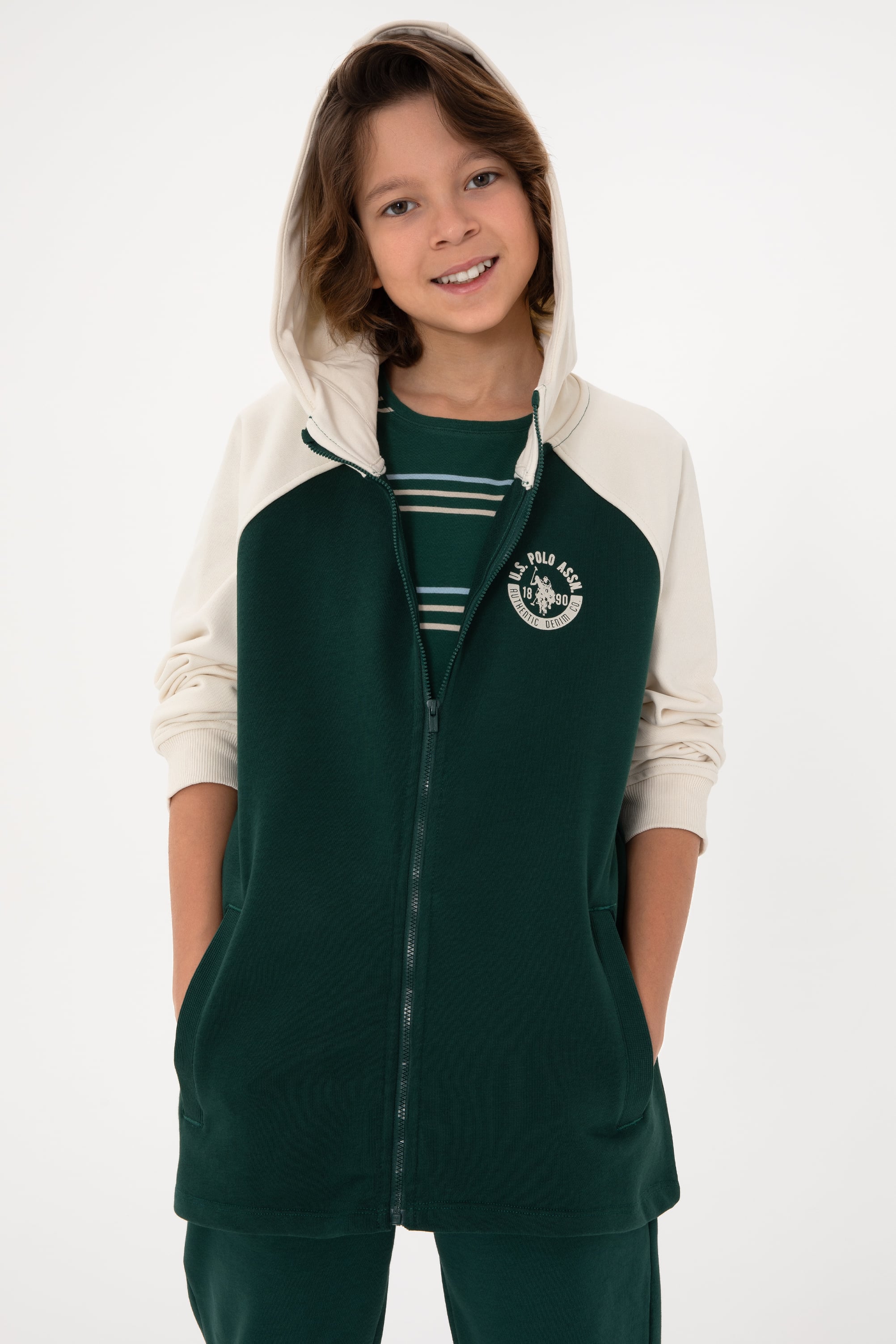Erkek Çocuk Fermuarlı Kapüşonlu Koyu Yeşil Sweatshirt - Image 1