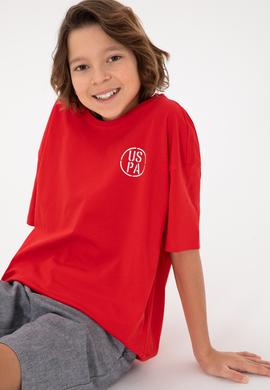 Erkek Çocuk Kırmızı Oversize Bisiklet Yaka Tişört - 50298981083