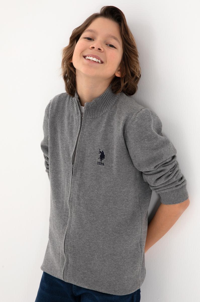 Erkek Çocuk Gri Melanj Fermuarlı Triko Hırka