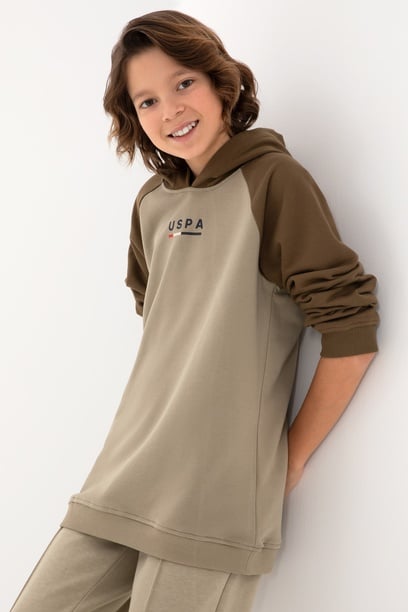 Erkek Çocuk Açık Haki Kapüşonlu Sweatshirt