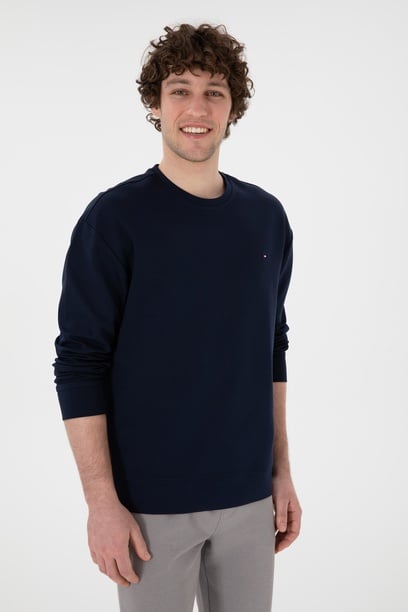 Erkek Comfort Fit Bisiklet Yaka Lacivert İnce Sweatshirt
