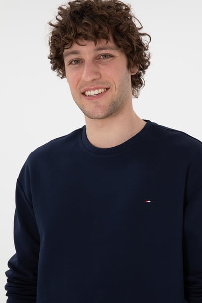 Erkek Comfort Fit Bisiklet Yaka Lacivert İnce Sweatshirt