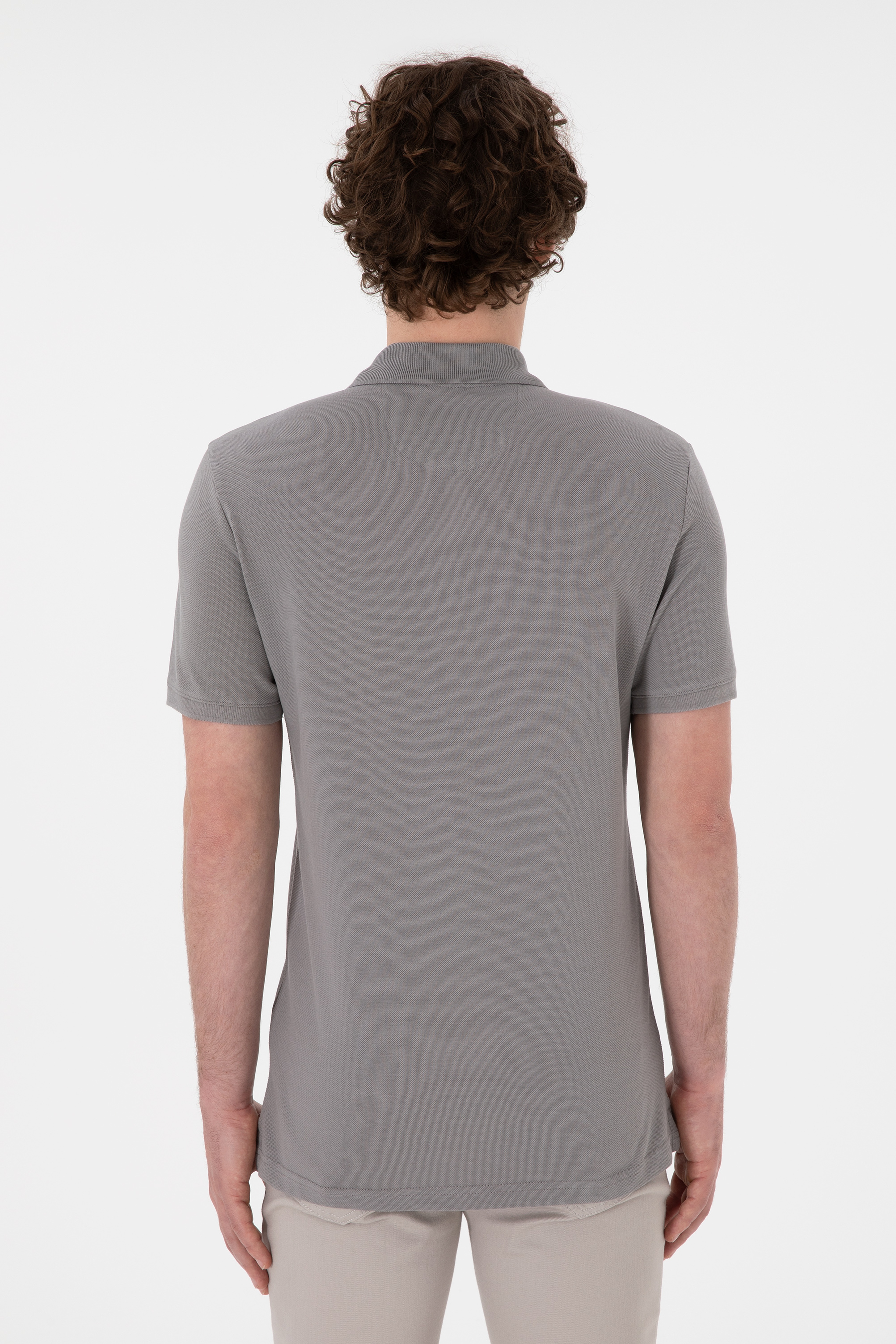Erkek Slim Fit Polo Yaka Koyu Gri Basic Tişört