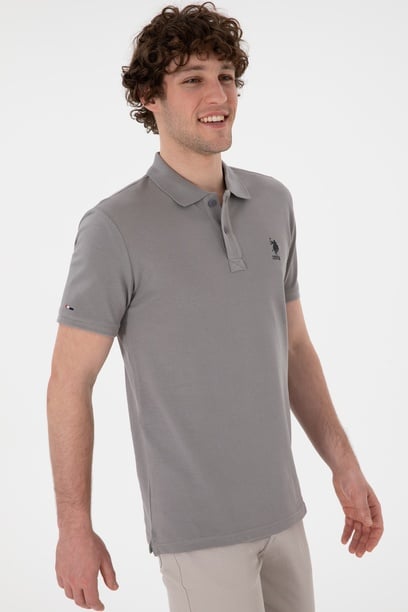 Erkek Slim Fit Polo Yaka Koyu Gri Basic Tişört