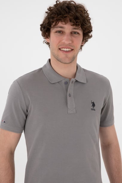 Erkek Slim Fit Polo Yaka Koyu Gri Basic Tişört