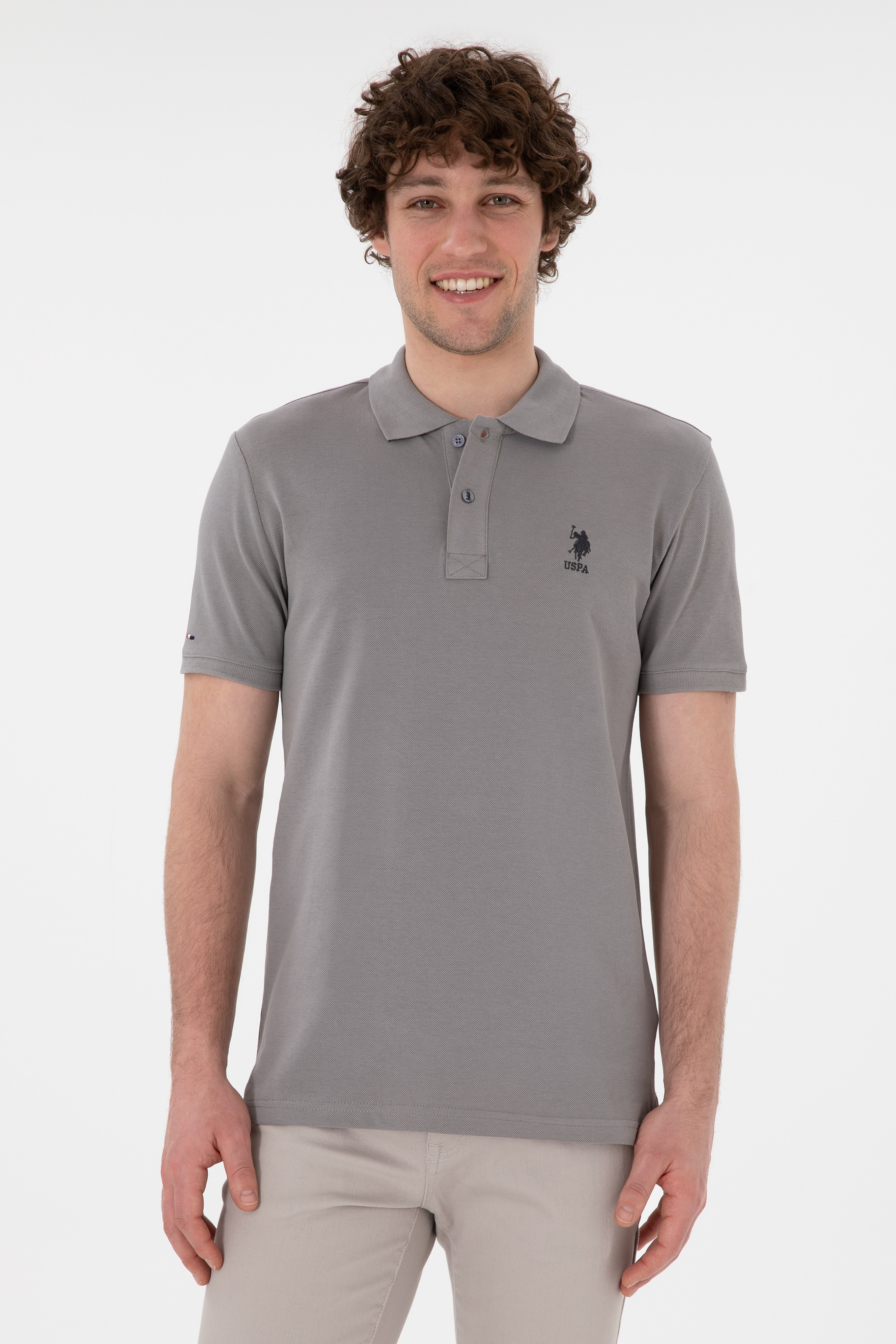 Erkek Slim Fit Polo Yaka Koyu Gri Basic Tişört - Image 1