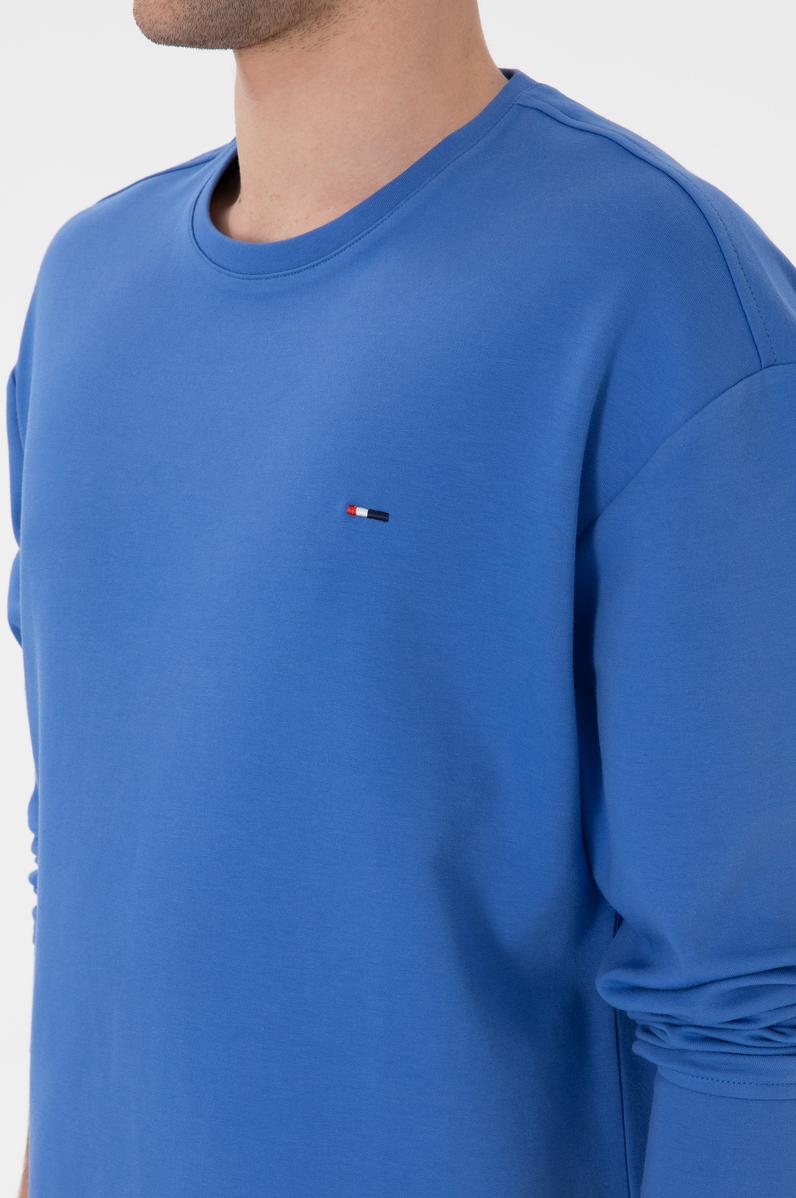 Erkek Comfort Fit Bisiklet Yaka İndigo İnce Sweatshirt