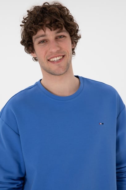 Erkek Comfort Fit Bisiklet Yaka İndigo İnce Sweatshirt