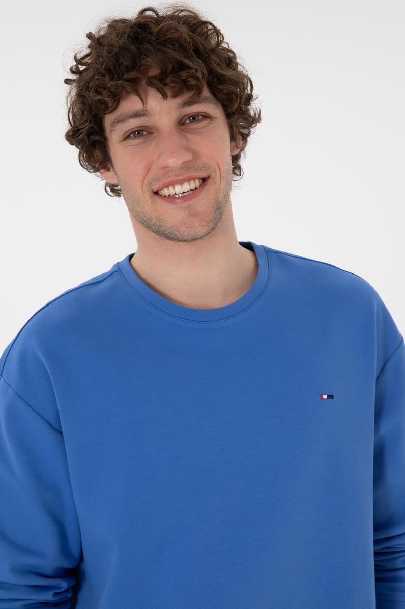 Erkek Comfort Fit Bisiklet Yaka İndigo İnce Sweatshirt