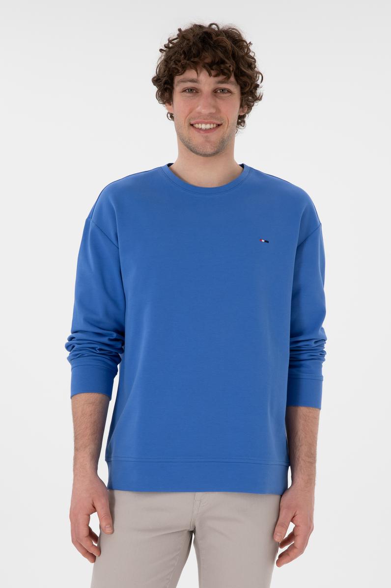 Erkek Comfort Fit Bisiklet Yaka İndigo İnce Sweatshirt