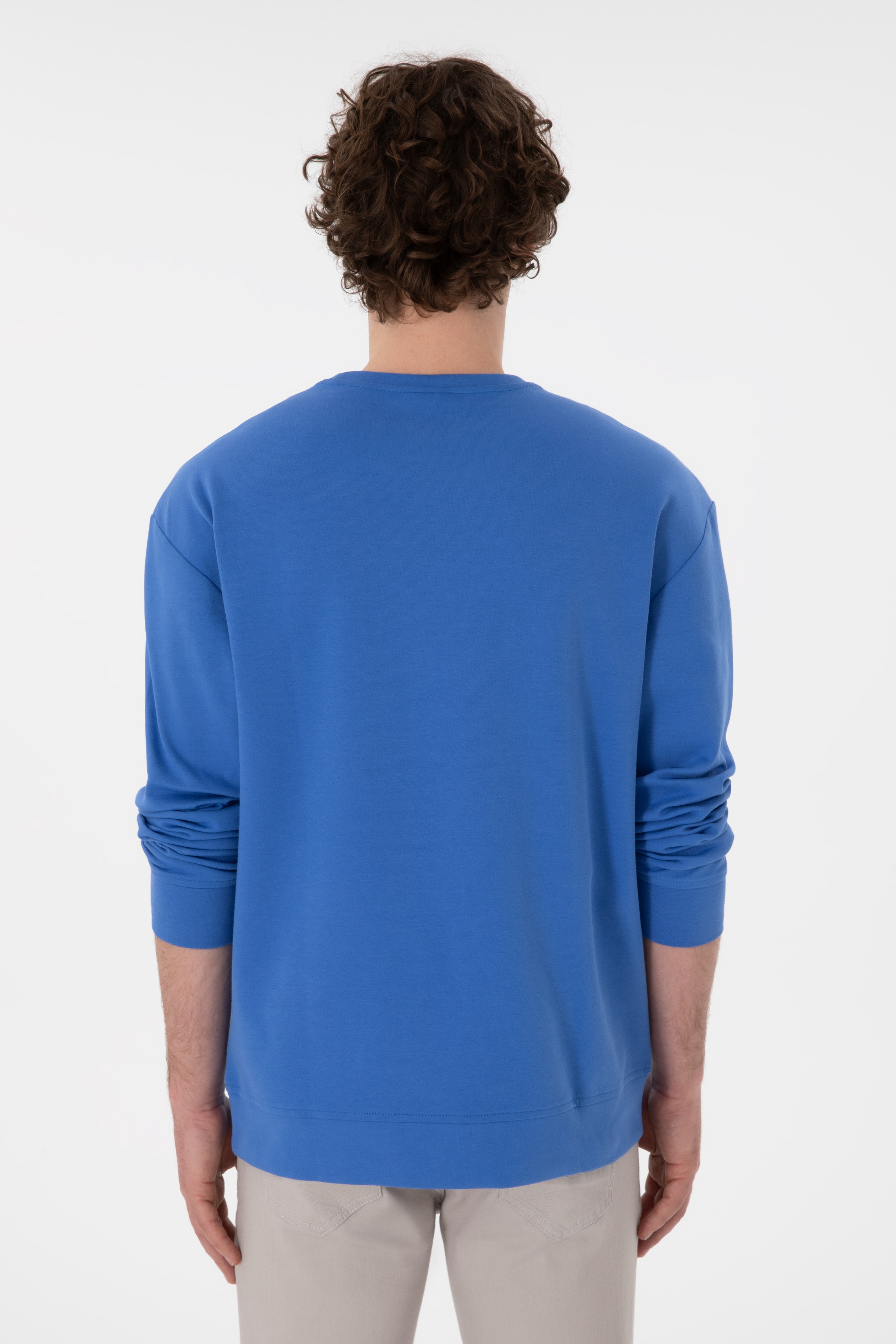 Erkek Comfort Fit Bisiklet Yaka İndigo İnce Sweatshirt