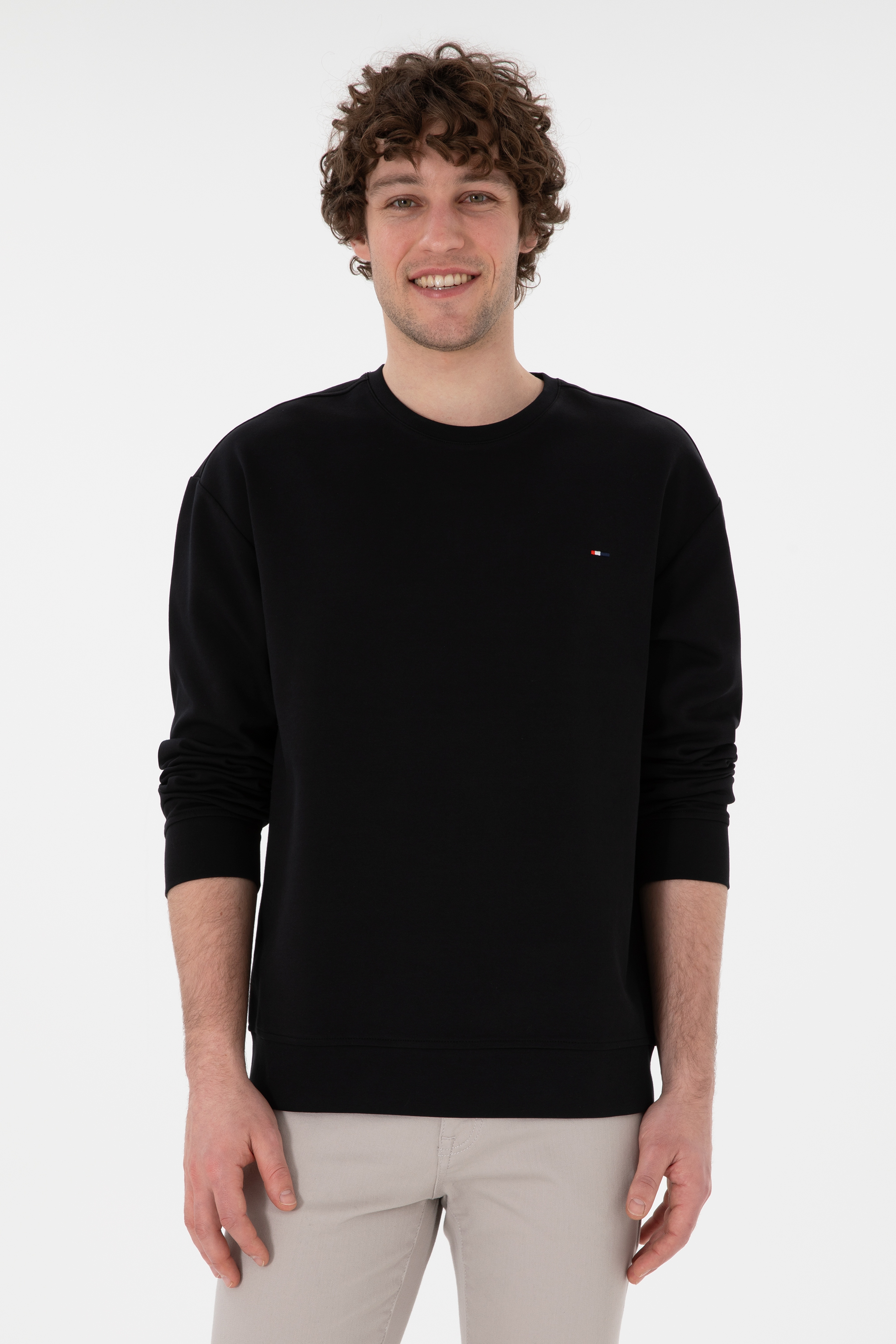 Erkek Comfort Fit Bisiklet Yaka Siyah İnce Sweatshirt - Image 1