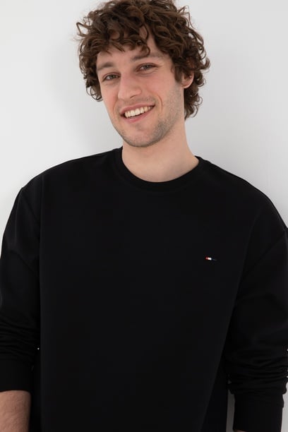 Erkek Comfort Fit Bisiklet Yaka Siyah İnce Sweatshirt