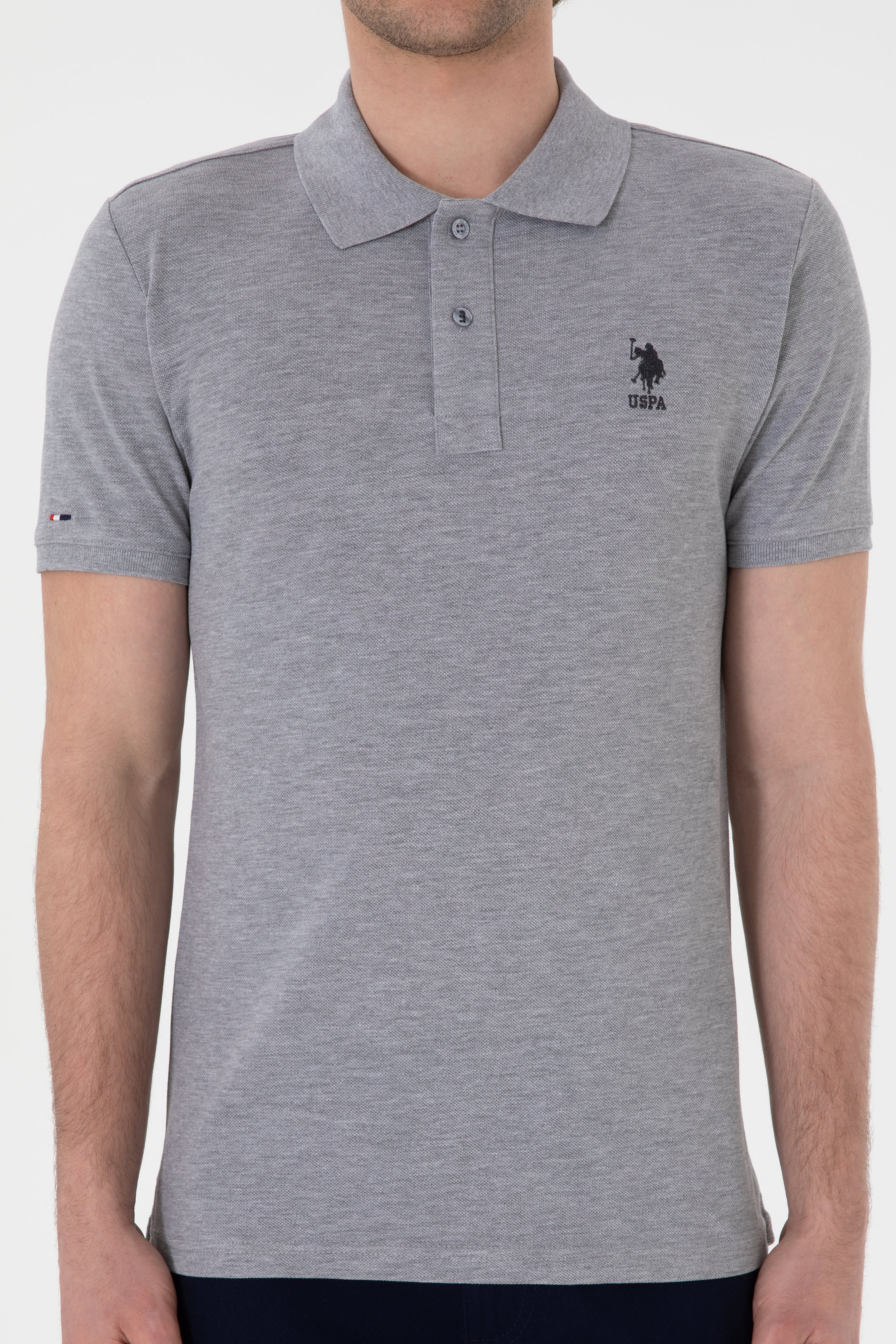 Erkek Slim Fit Polo Yaka Gri Melanj Basic Tişört