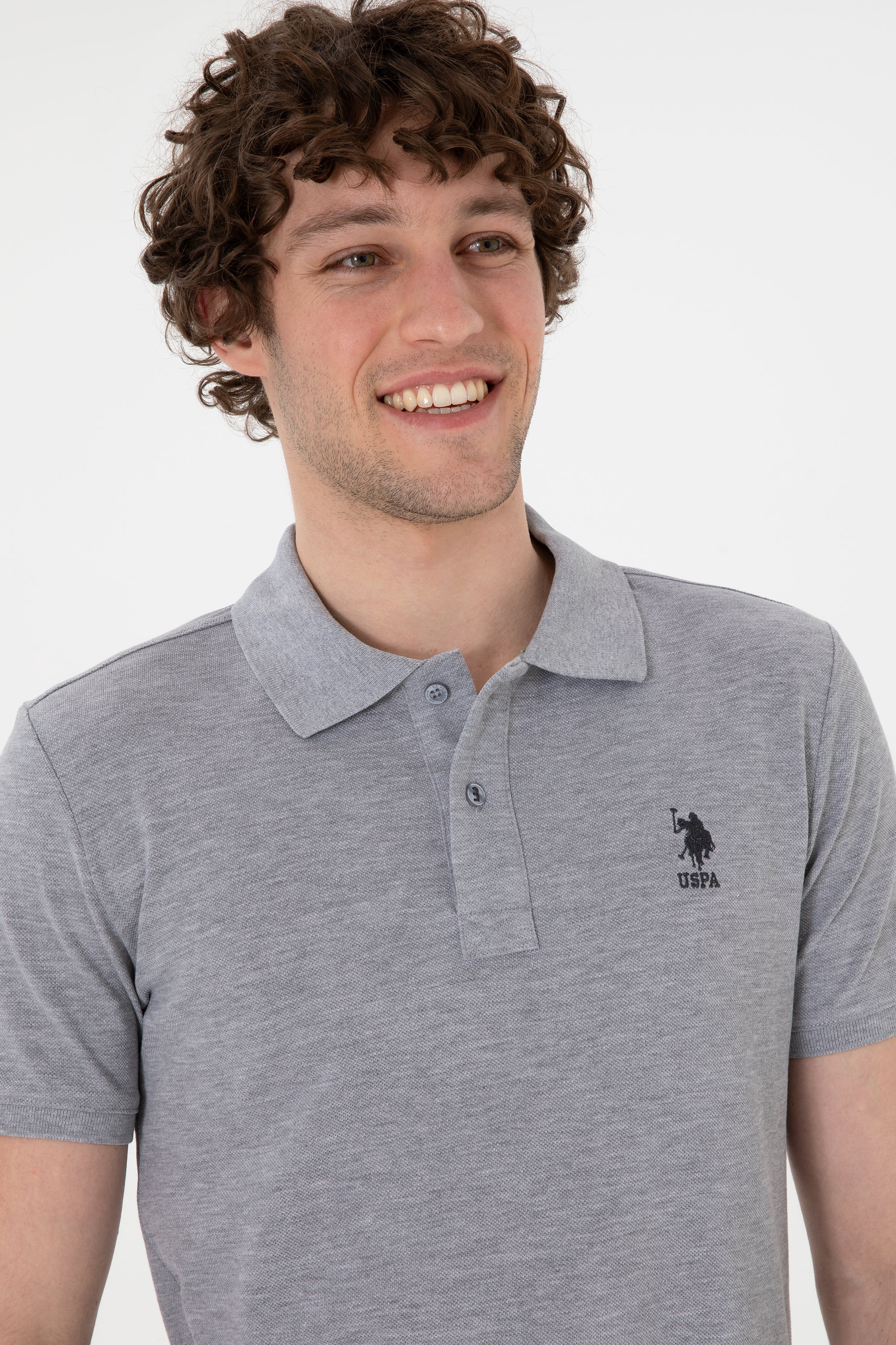 Erkek Slim Fit Polo Yaka Gri Melanj Basic Tişört - Image 2