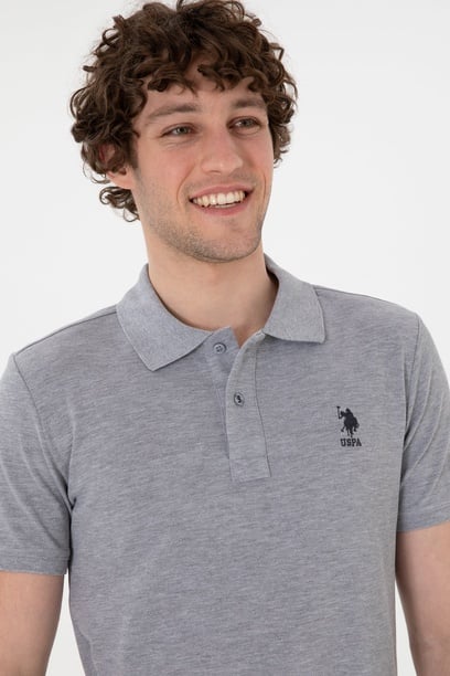 Erkek Slim Fit Polo Yaka Gri Melanj Basic Tişört