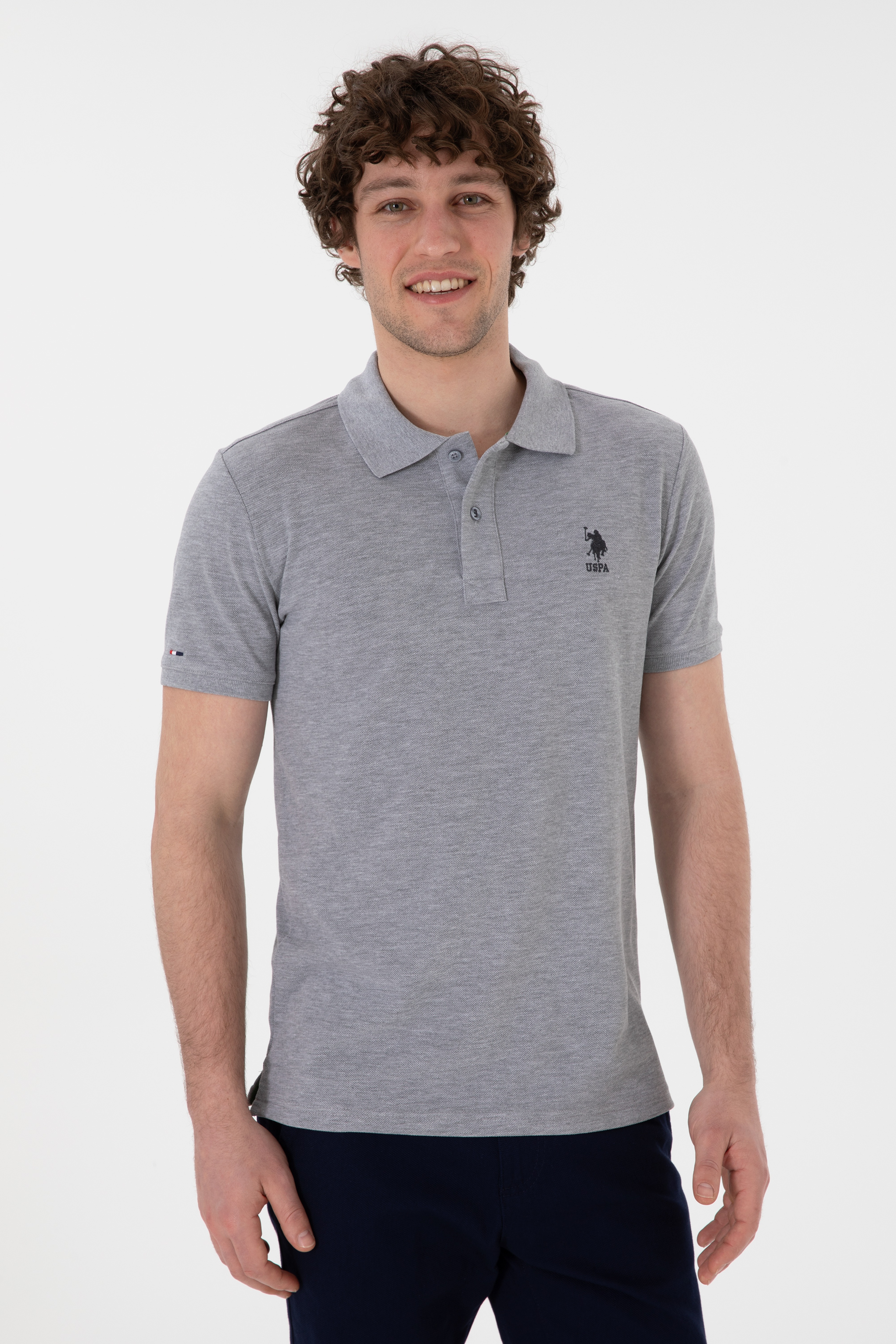 Erkek Slim Fit Polo Yaka Gri Melanj Basic Tişört