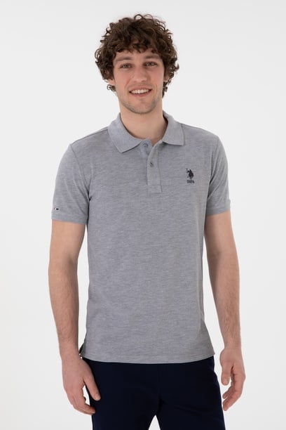 Erkek Slim Fit Polo Yaka Gri Melanj Basic Tişört