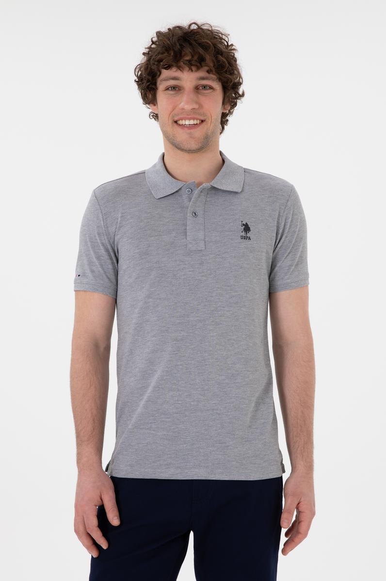 Erkek Slim Fit Polo Yaka Gri Melanj Basic Tişört