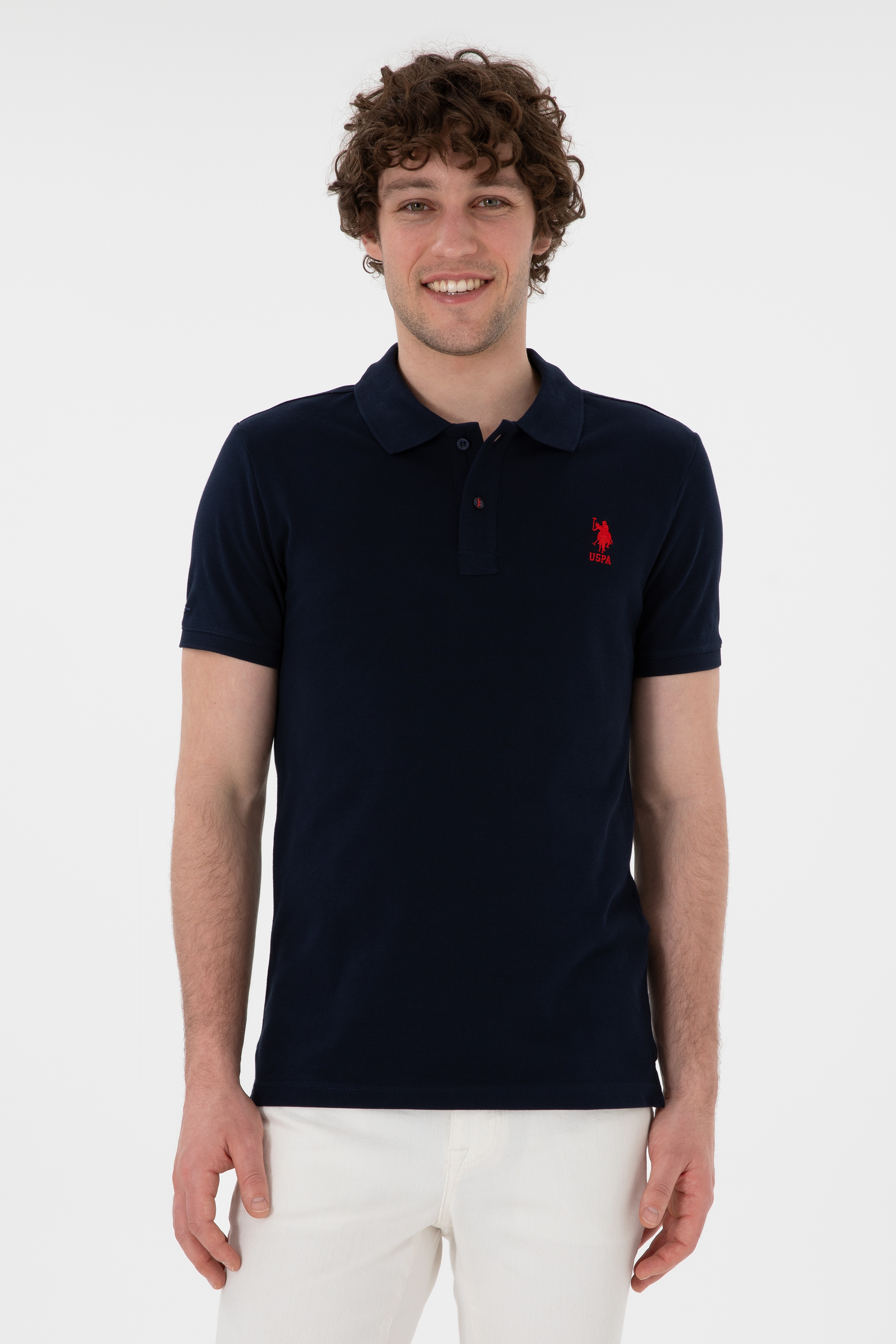 Erkek Slim Fit Polo Yaka Koyu Lacivert Basic Tişört - Image 1