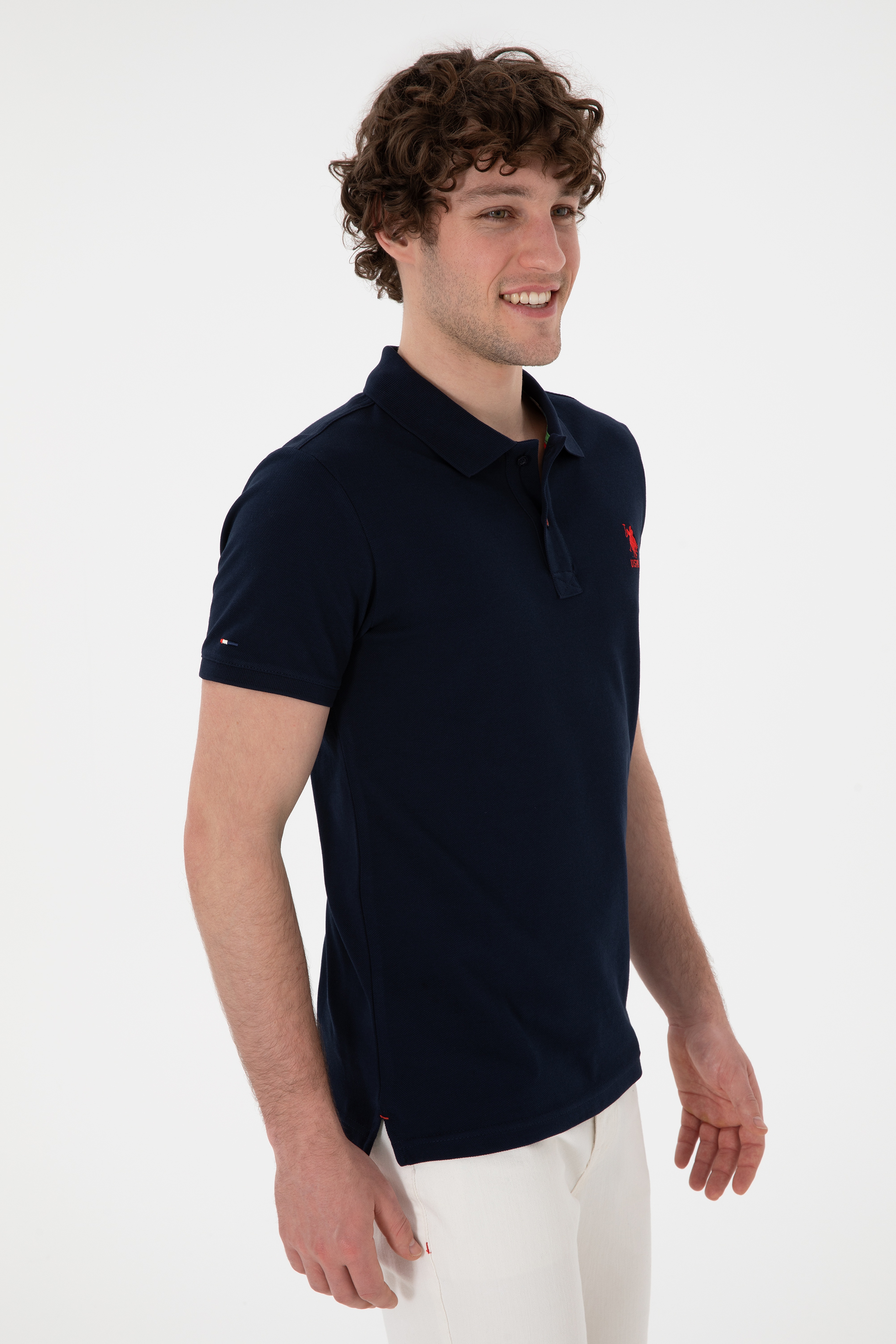Erkek Slim Fit Polo Yaka Koyu Lacivert Basic Tişört - Image 3