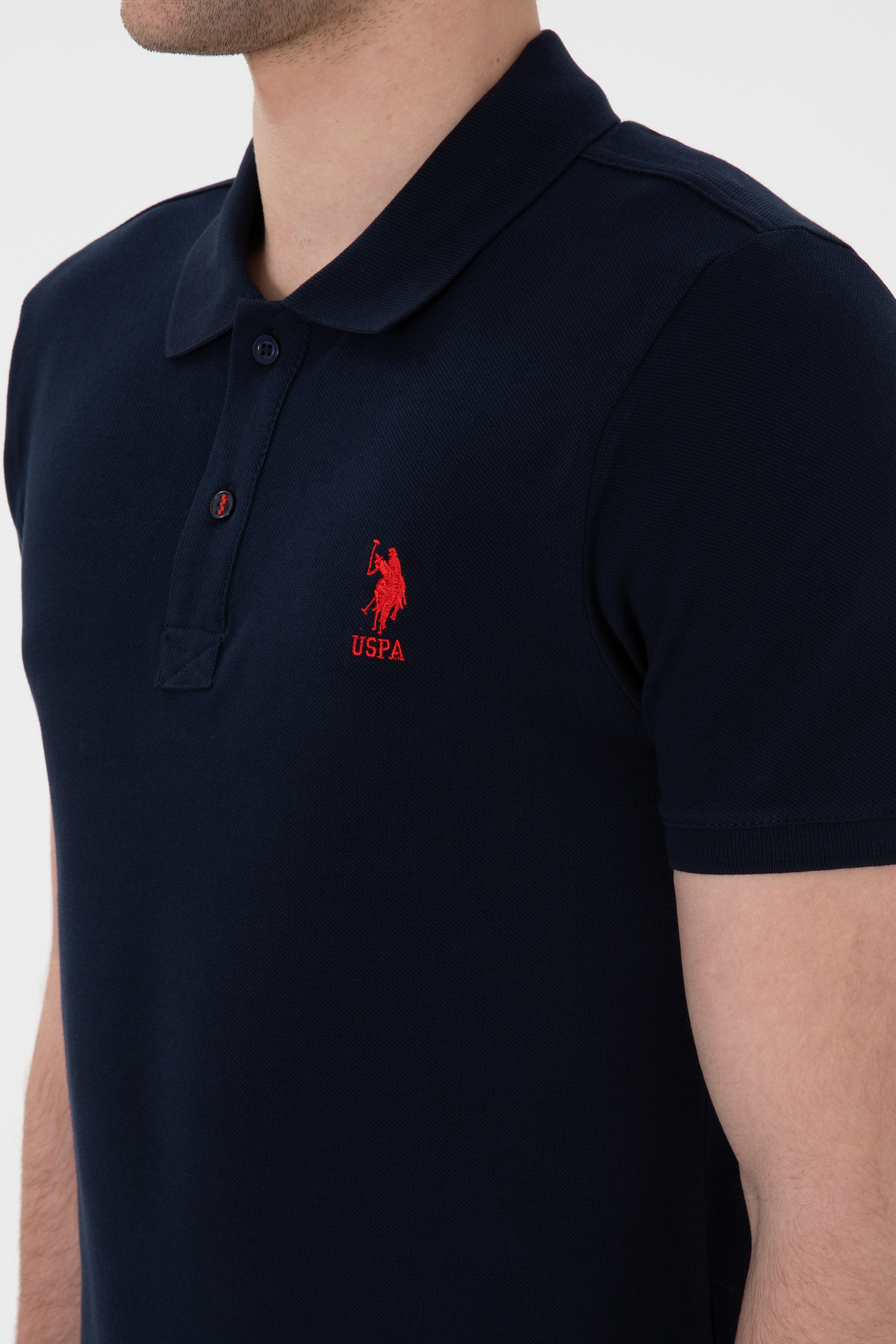 Erkek Slim Fit Polo Yaka Koyu Lacivert Basic Tişört - Image 7