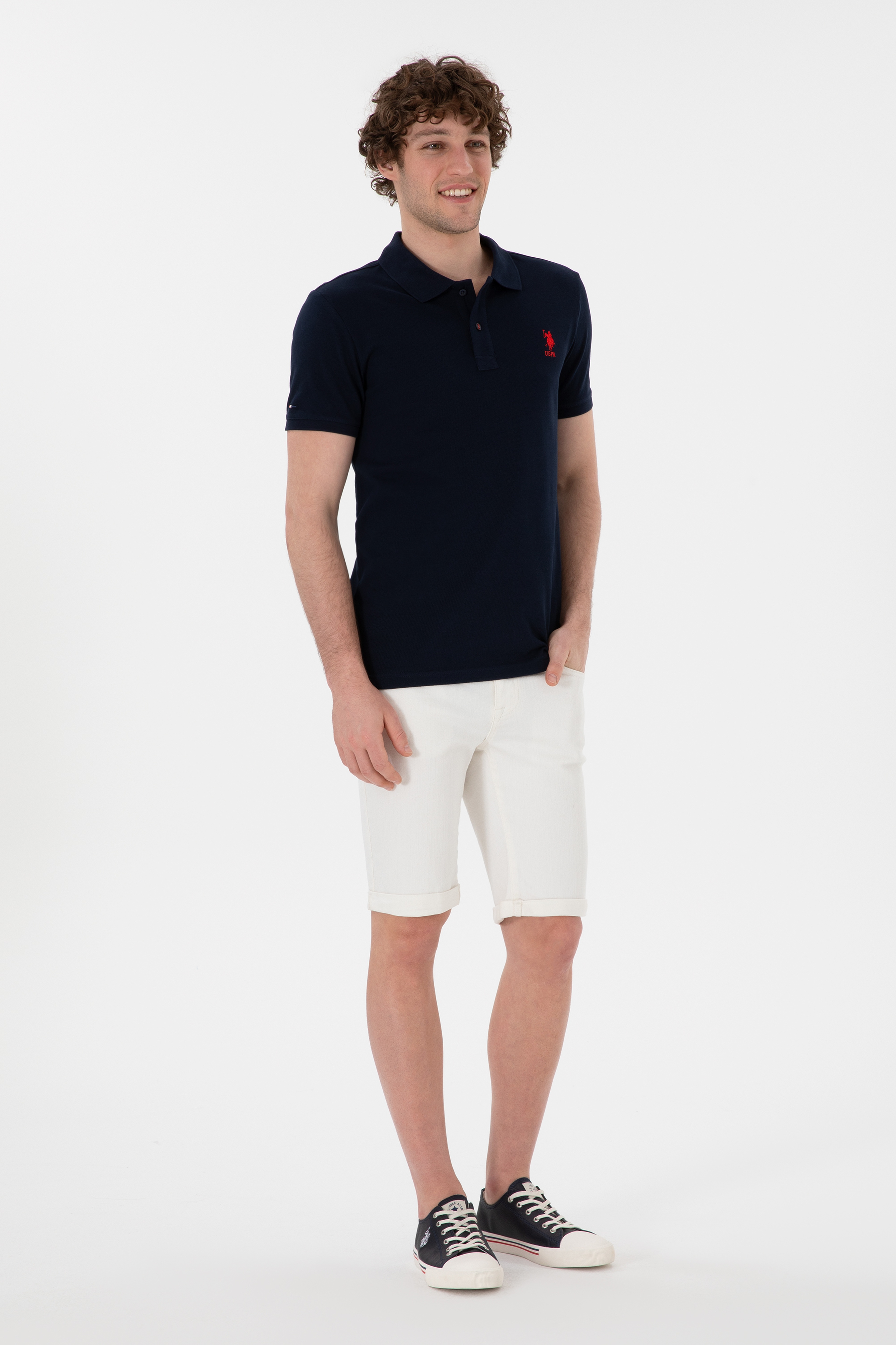Erkek Slim Fit Polo Yaka Koyu Lacivert Basic Tişört - Image 4