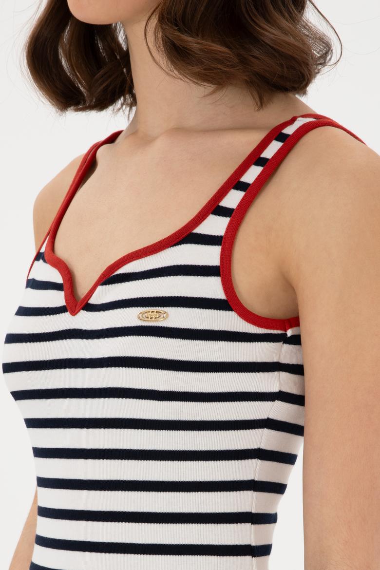 Kadın Krem Çizgili Kolsuz Midi Boy Örme Elbise - 50300750012