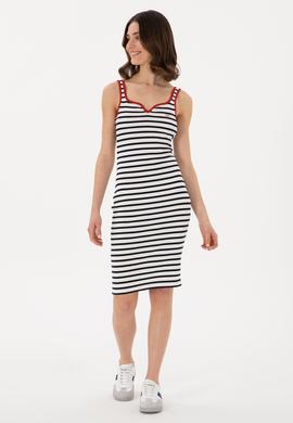 Kadın Krem Çizgili Kolsuz Midi Boy Örme Elbise - 50300750012