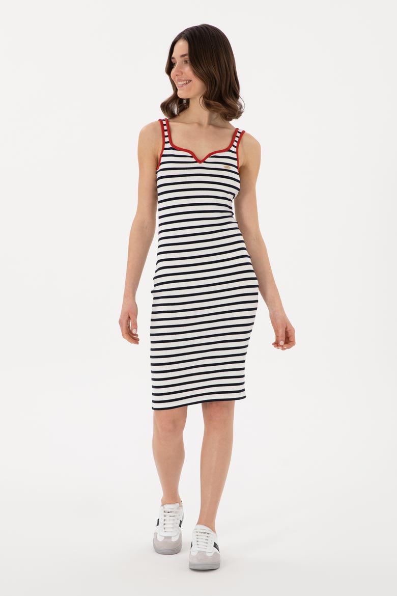 Kadın Krem Çizgili Kolsuz Midi Boy Örme Elbise - 50300750012