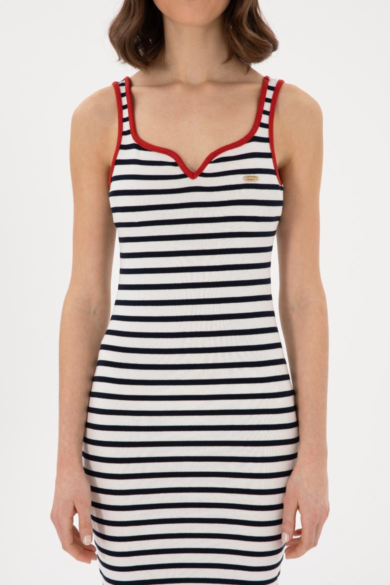 Kadın Krem Çizgili Kolsuz Midi Boy Örme Elbise - 50300750012