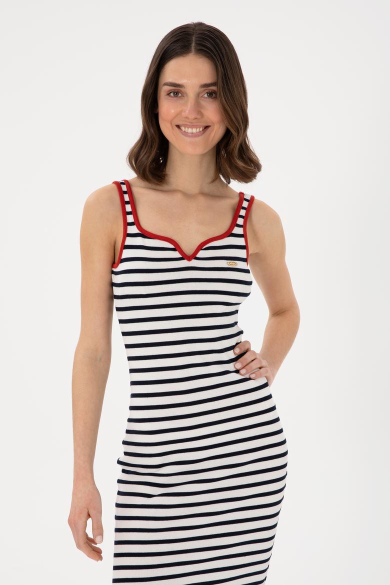 Kadın Krem Çizgili Kolsuz Midi Boy Örme Elbise - 50300750012