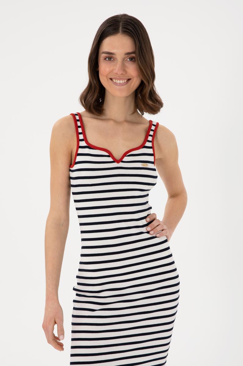 Kadın Krem Çizgili Kolsuz Midi Boy Örme Elbise