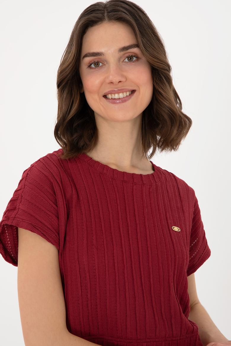 Kadın Vişne Crop Bisiklet Yaka Tişört - 50300801027