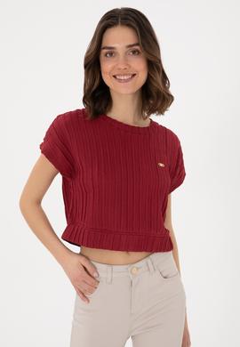 Kadın Vişne Crop Bisiklet Yaka Tişört - 50300801027